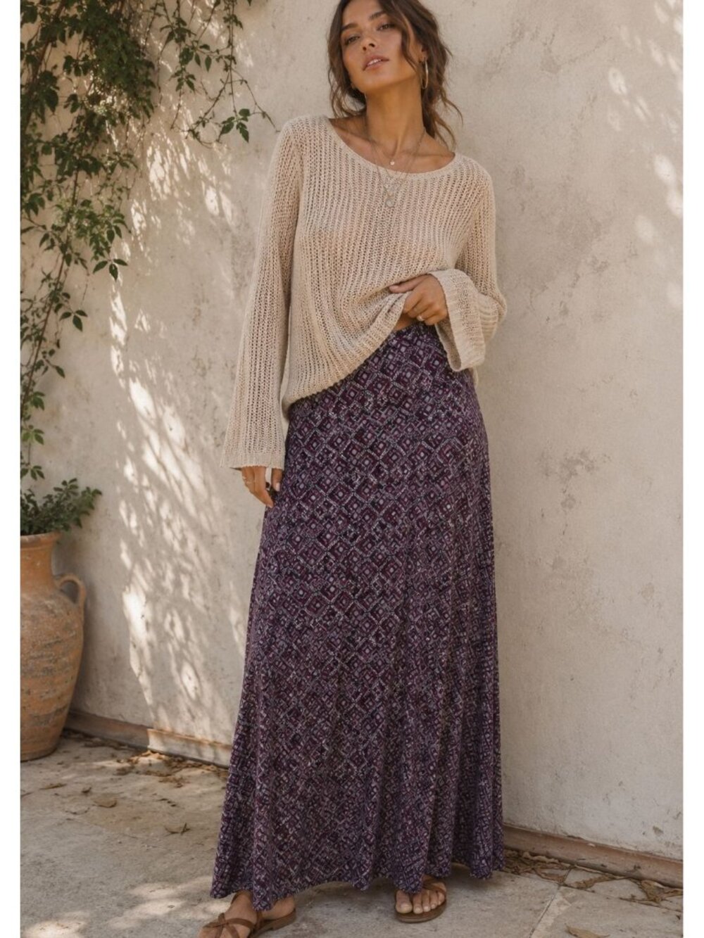 LuLaRoe Maxi Skirt Size L Purple Geometric Print Stretch Long Aztec Bohemian